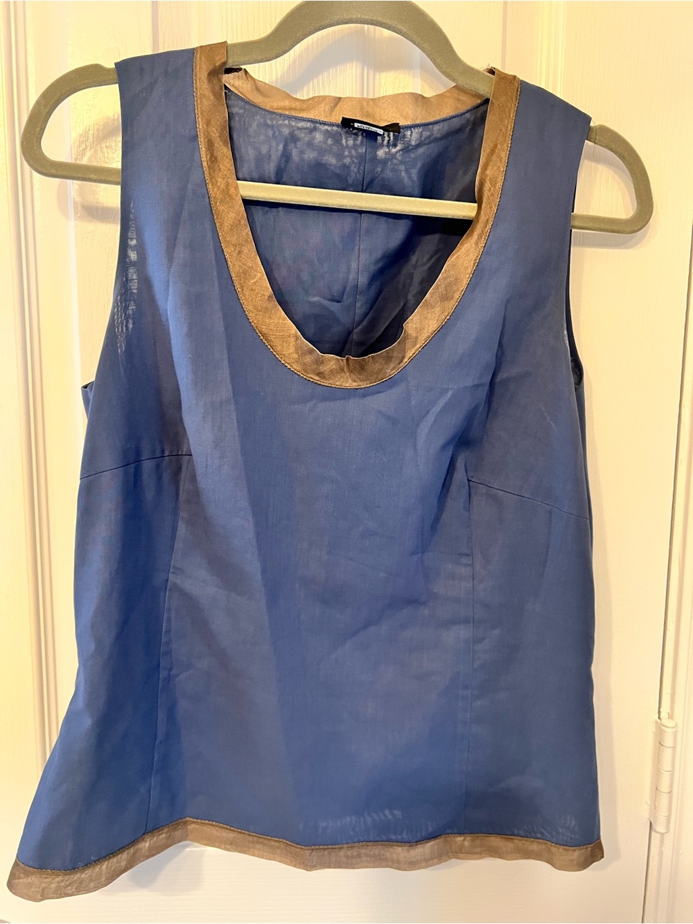 Akris Sleeveless Blue Shell Top with Brown Trim, Size 10